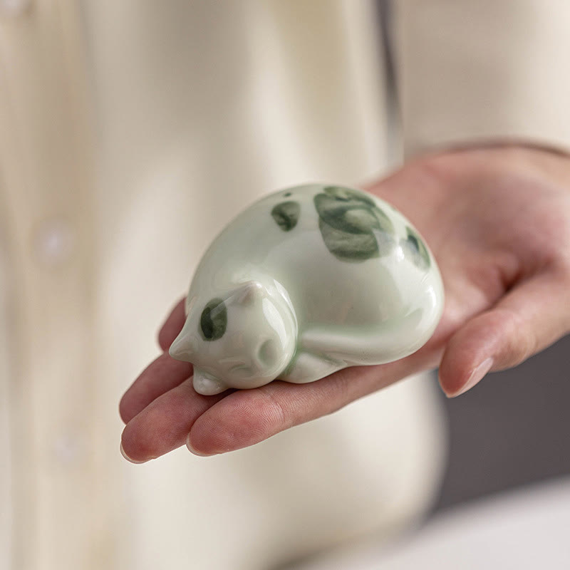 Buddha Stones Mini Lucky Cute Spotted Standing Cat Sleeping Kitten Ceramic Figurine Decoration - image 18