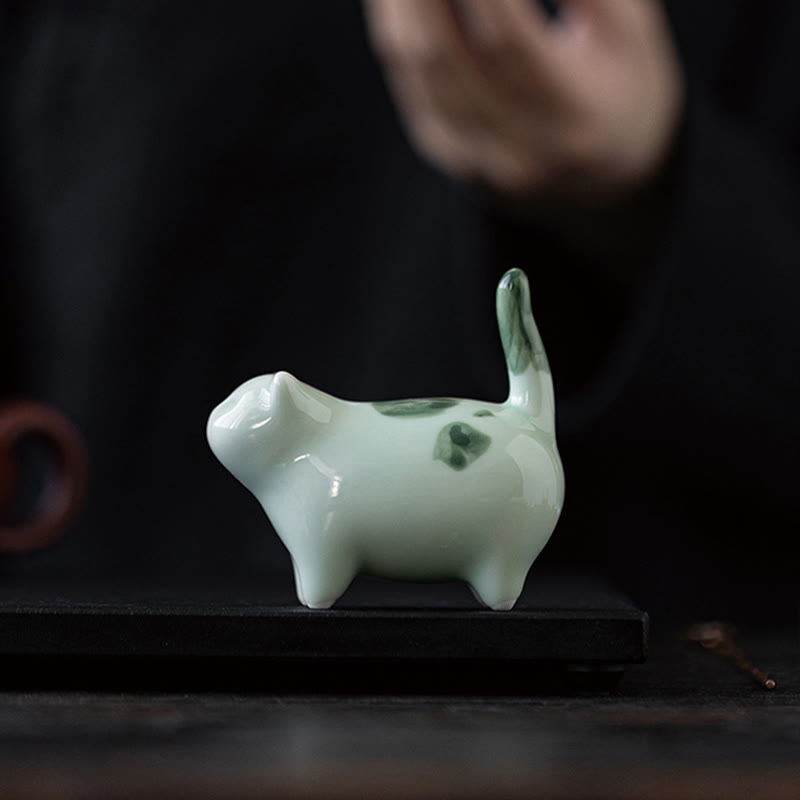 Buddha Stones Mini Lucky Cute Spotted Standing Cat Sleeping Kitten Ceramic Figurine Decoration - image 1