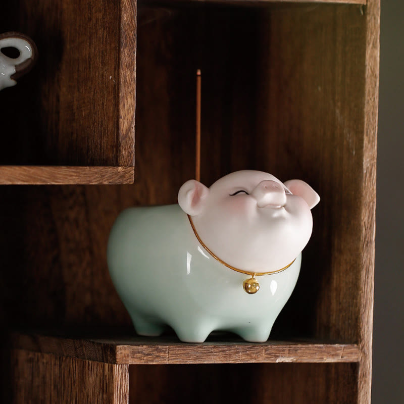 Buddha Stones Ceramic Little Pig Blessing Stick Incense Burner - image 4