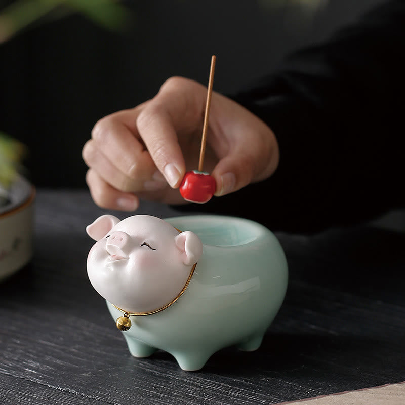 Buddha Stones Ceramic Little Pig Blessing Stick Incense Burner - image 1