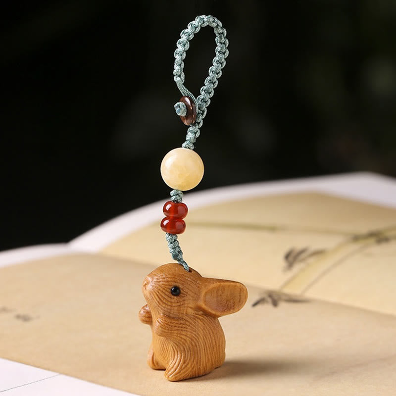 Buddha Stones Sandalwood Small Leaf Red Sandalwood Lucky Mini Rabbit Protection Key Chain Phone Hanging Decoration - Sandalwood - Key Chain - image 0