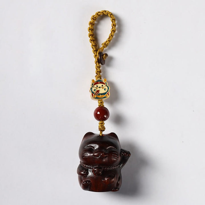 Buddha Stones Small Leaf Red Sandalwood Green Sandalwood Sandalwood Lucky Cat Protection Key Chain Phone Hanging Decoration - image 2