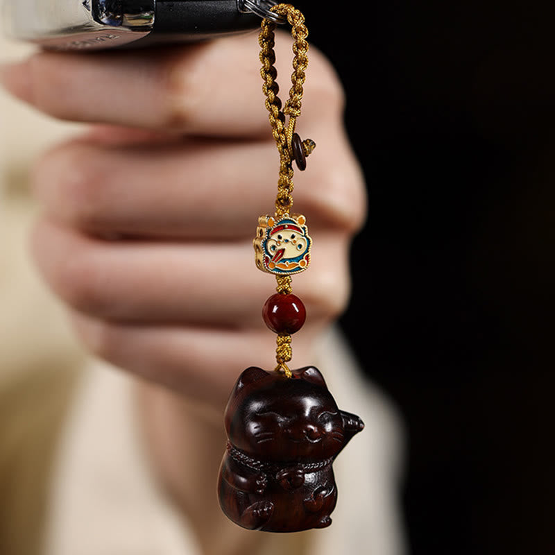 Buddha Stones Small Leaf Red Sandalwood Green Sandalwood Sandalwood Lucky Cat Protection Key Chain Phone Hanging Decoration - image 4