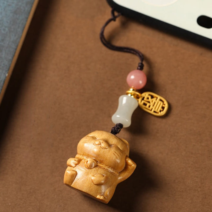 Buddha Stones Small Leaf Red Sandalwood Green Sandalwood Sandalwood Lucky Cat Protection Key Chain Phone Hanging Decoration - image 19