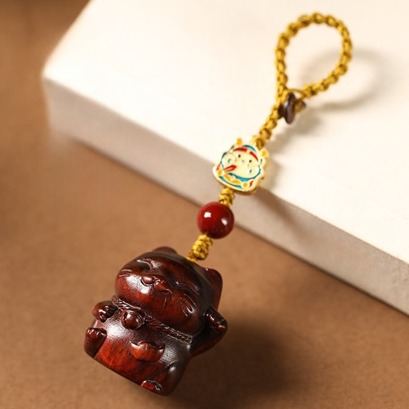 Buddha Stones Small Leaf Red Sandalwood Green Sandalwood Sandalwood Lucky Cat Protection Key Chain Phone Hanging Decoration - Small Leaf Red Sandalwood - Key Chain - image 0