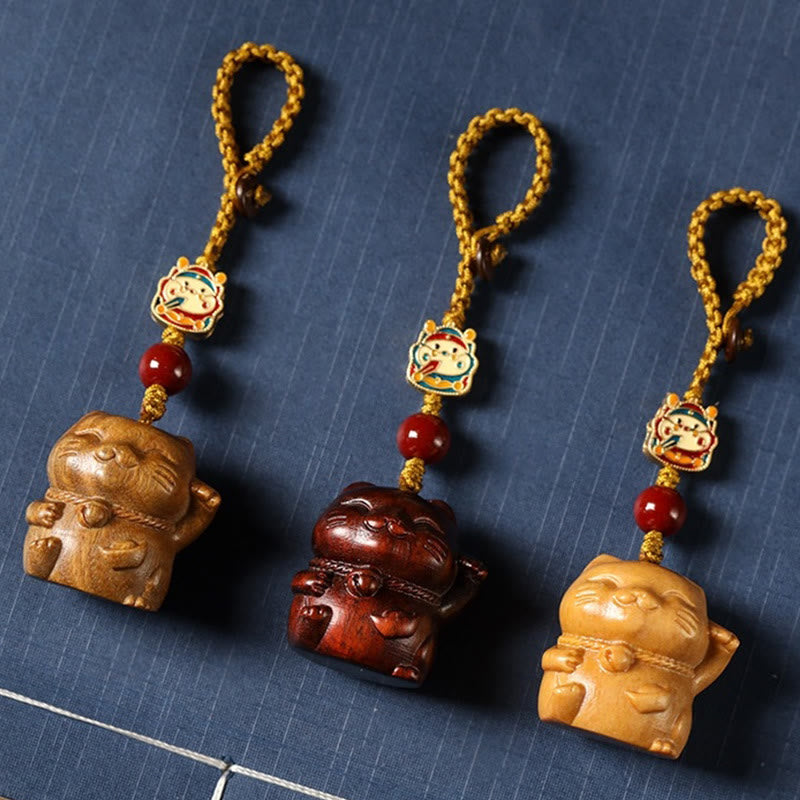 Buddha Stones Small Leaf Red Sandalwood Green Sandalwood Sandalwood Lucky Cat Protection Key Chain Phone Hanging Decoration - image 1
