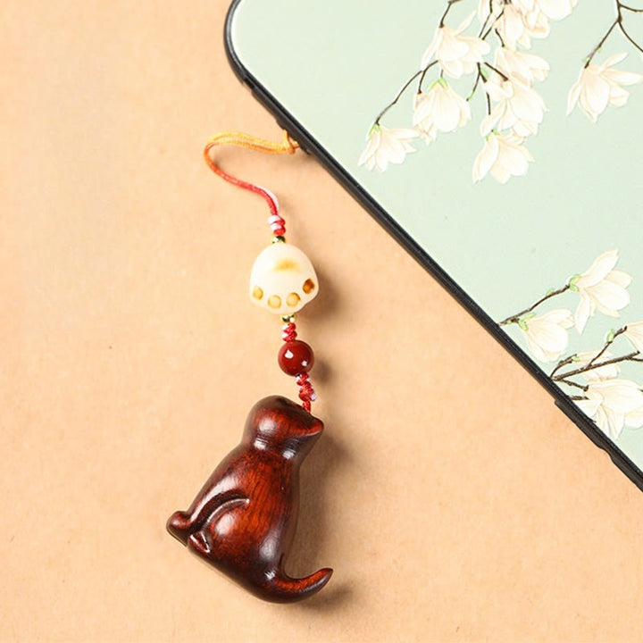 Buddha Stones Small Leaf Red Sandalwood Green Sandalwood Sandalwood Sitting Cat Sooth Phone Hanging Decoration - image 3