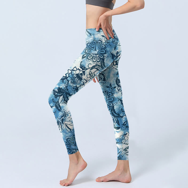 Buddha Stones Peony Chrysanthemum Print Gym Leggings Women's Yoga Pants - image 2