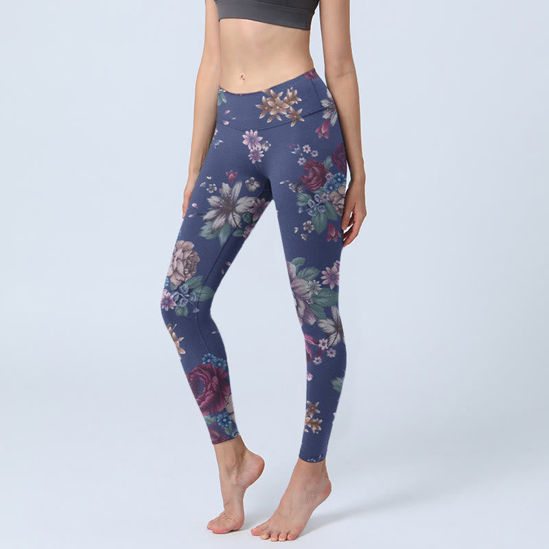 Buddha Stones Red Rose Peony Chrysanthemum Print Gym Leggings Women's Yoga Pants - SlateBlue - US18，UK/AU22，EU50 (4XL) - image 0