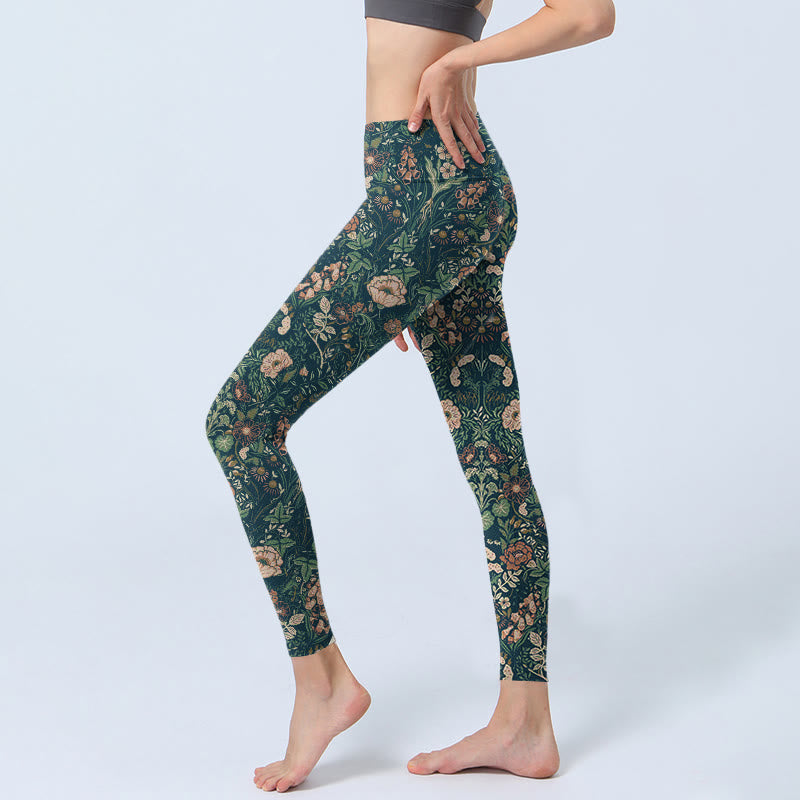 Buddha Stones Green Stitching Flowers Vines Pattern Print Gym Leggings Women's Yoga Pants - image 2