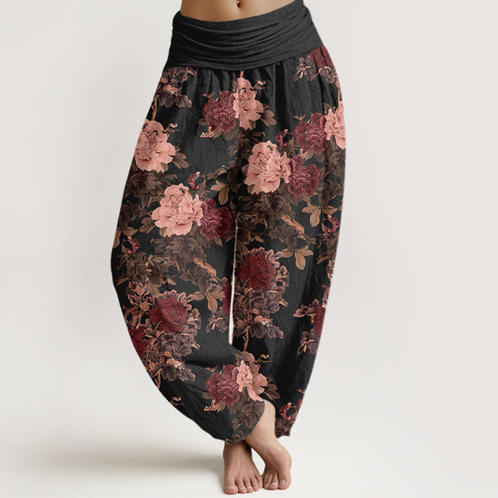 Buddha Stones Cotton Casual Lush Peony Flowers Leaf Pattern Women's Elastic Waist Harem Pants - Black - US22，UK/AU26，EU54 (6XL) - image 0