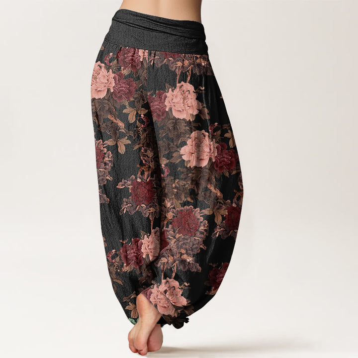 Buddha Stones Cotton Casual Lush Peony Flowers Leaf Pattern Women's Elastic Waist Harem Pants - image 2