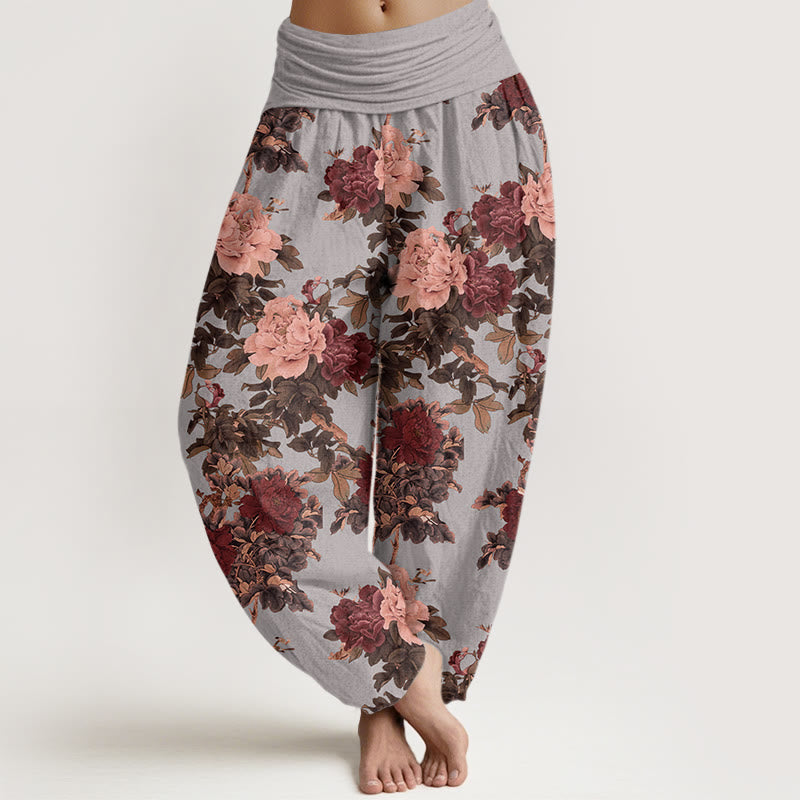Buddha Stones Cotton Casual Lush Peony Flowers Leaf Pattern Women's Elastic Waist Harem Pants - LightSteelBlue - US22，UK/AU26，EU54 (6XL) - image 4