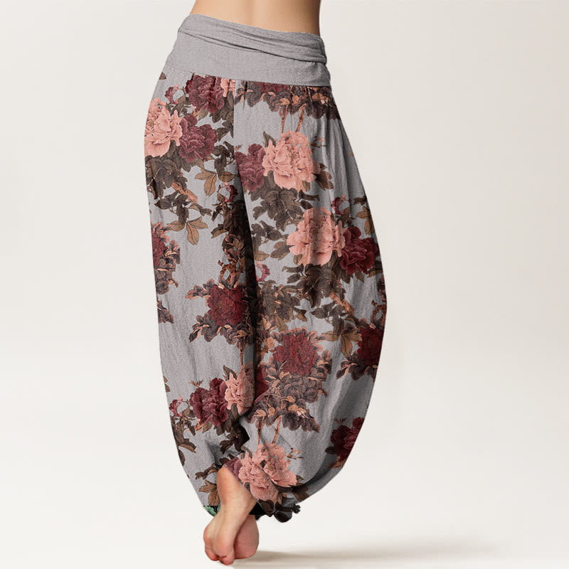 Buddha Stones Cotton Casual Lush Peony Flowers Leaf Pattern Women's Elastic Waist Harem Pants - image 6