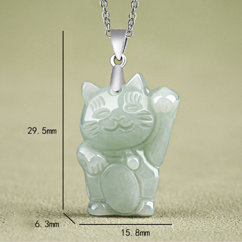 Buddha Stones Jade Fortune Cat Prosperity Titanium Steel Necklace Pendant - image 4