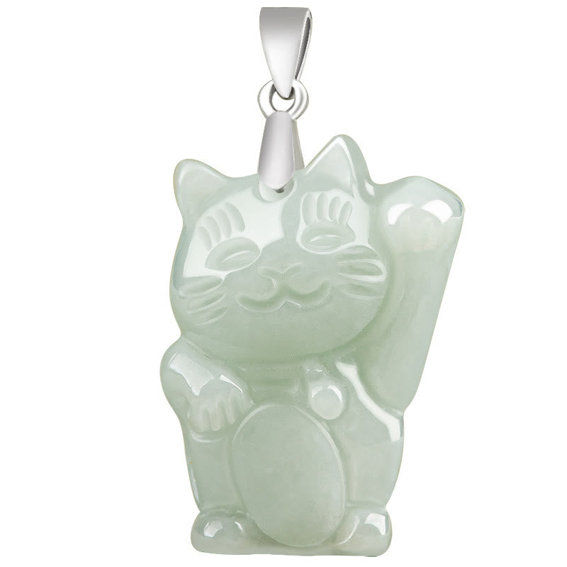 Buddha Stones Jade Fortune Cat Prosperity Titanium Steel Necklace Pendant - image 5