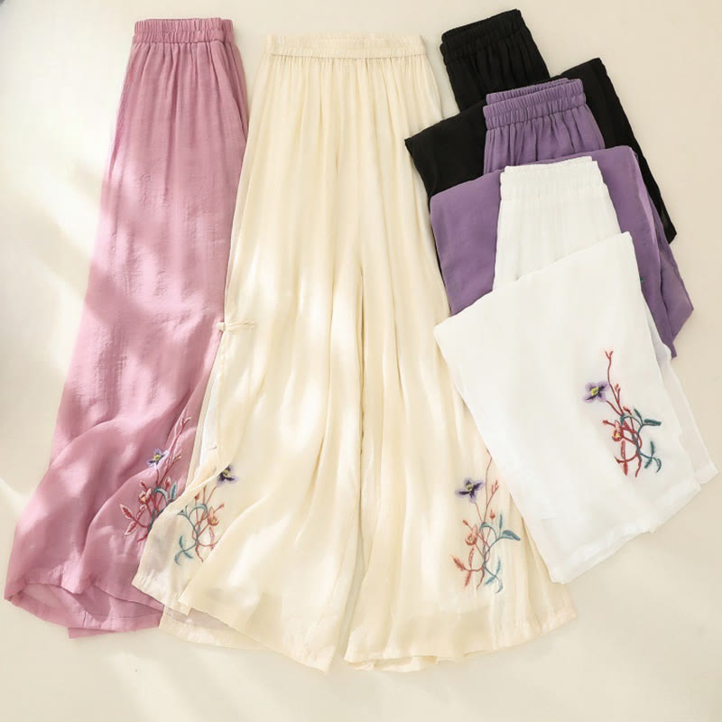 Buddha Stones Artistic Embroidery Flower Double Layer Chinese Frog Button Split Cotton Linen Women's Wide Leg Pants - image 18