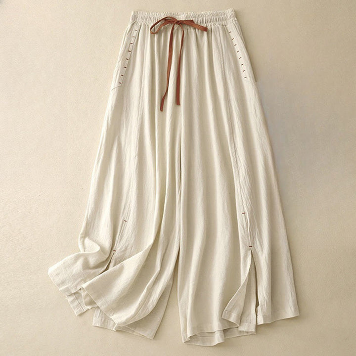 Buddha Stones Casual Simple Design Drawstring Split Women's Wide Leg Pants With Pockets - Beige - US8-10，UK/AU12-14，EU40-42 (2XL) - image 5