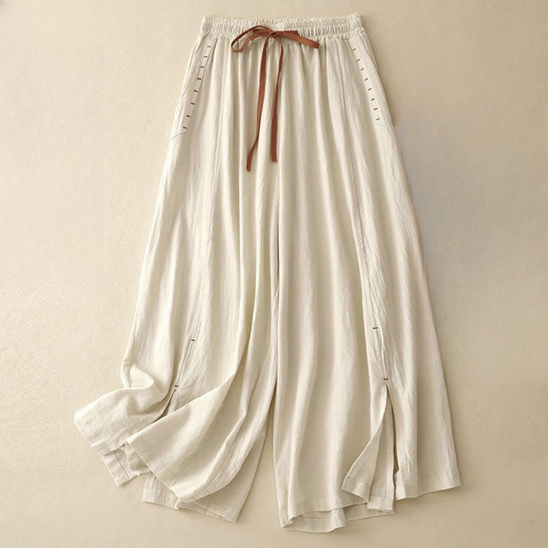 Buddha Stones Casual Simple Design Drawstring Split Cotton Linen Women's Wide Leg Pants With Pockets - Beige - US8-10，UK/AU12-14，EU40-42 (2XL) - image 5