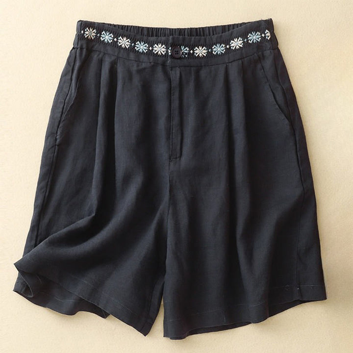 Buddha Stones Summer Casual Embroidery Flower Pleated Zipper Button Cotton Linen Women's Shorts With Pockets - Black - US8-10，UK/AU12-14，EU40-42 (2XL) - image 17