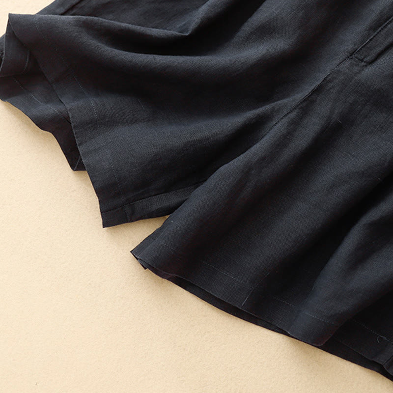 Buddha Stones Summer Casual Embroidery Flower Pleated Zipper Button Cotton Linen Women's Shorts With Pockets - image 21