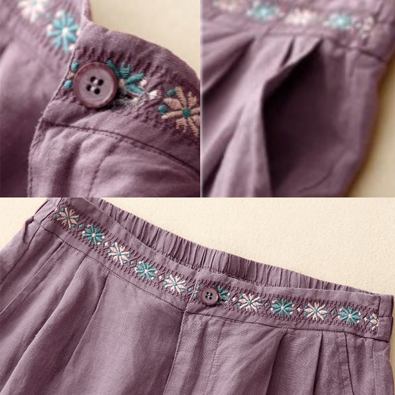 Buddha Stones Summer Casual Embroidery Flower Pleated Zipper Button Cotton Linen Women's Shorts With Pockets - image 11