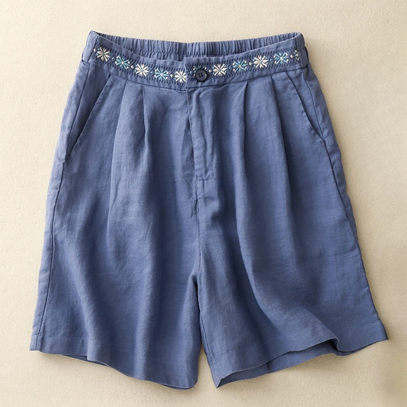 Buddha Stones Summer Casual Embroidery Flower Pleated Zipper Button Cotton Linen Women's Shorts With Pockets - RoyalBlue - US8-10，UK/AU12-14，EU40-42 (2XL) - image 0
