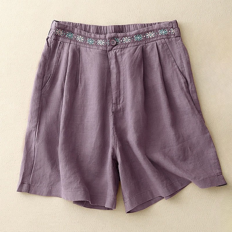 Buddha Stones Summer Casual Embroidery Flower Pleated Zipper Button Cotton Linen Women's Shorts With Pockets - MediumPurple - US8-10，UK/AU12-14，EU40-42 (2XL) - image 8