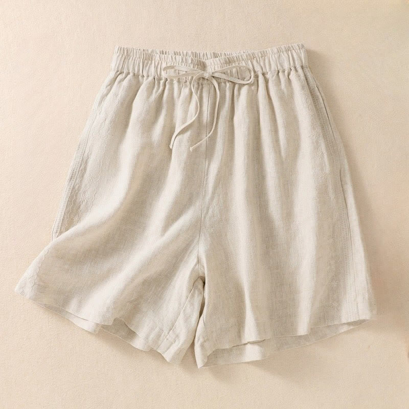 Buddha Stones Casual Floral Embroidery Pattern Drawstring Cotton Linen Women's Shorts With Pockets - Beige - US8-10，UK/AU12-14，EU40-42 (2XL) - image 9