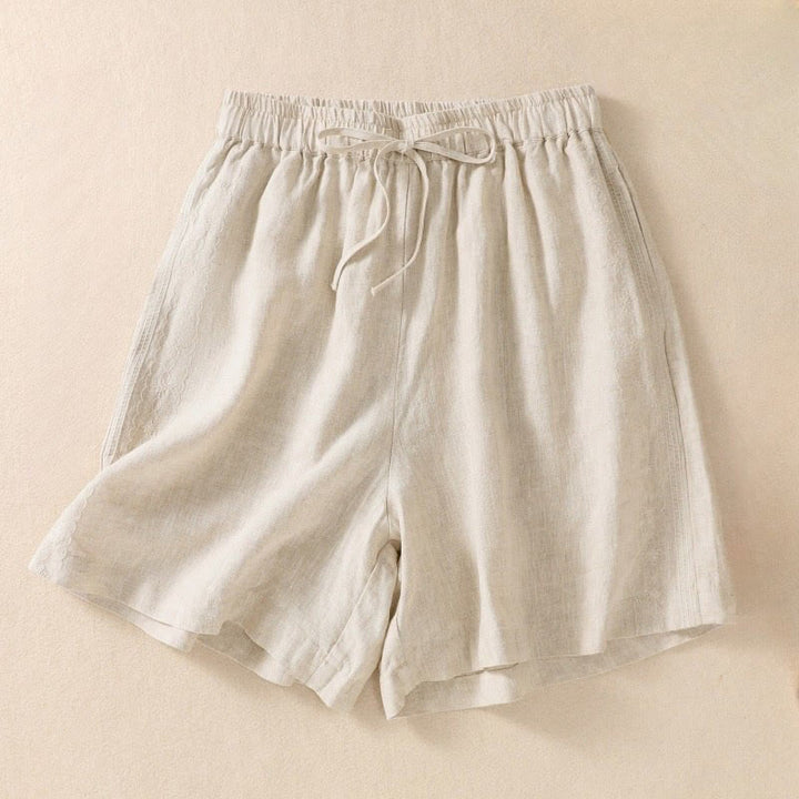 Buddha Stones Casual Floral Embroidery Pattern Drawstring Cotton Linen Women's Shorts With Pockets - Beige - US8-10，UK/AU12-14，EU40-42 (2XL) - image 9