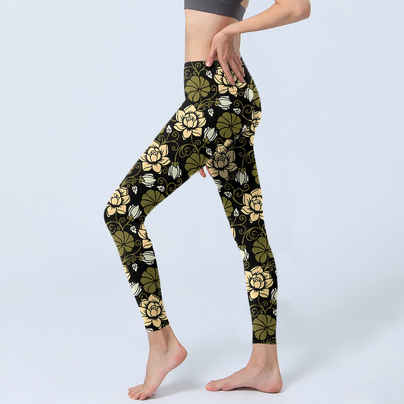 Buddha Stones Yellow Flowers Green Leaves Print Gym Fitness Leggings Women's Yoga Pants - image 2