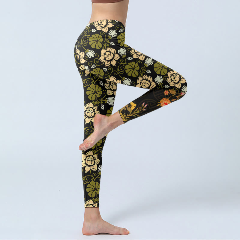 Buddha Stones Yellow Flowers Green Leaves Print Gym Fitness Leggings Women's Yoga Pants - image 3