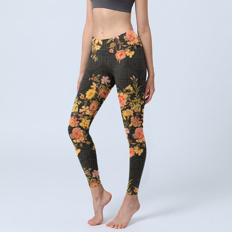 Buddha Stones Yellow Pink Flowers Green Leaves Print Gym Fitness Leggings Women's Yoga Pants - Black - US18，UK/AU22，EU50 (4XL) - image 0