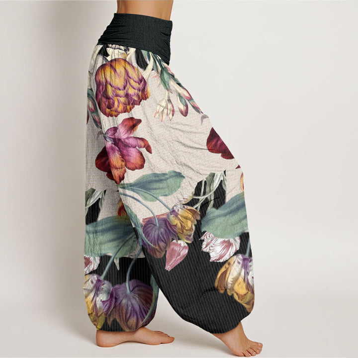 Buddha Stones Cotton Tulips Green Leaves Design Women's Elastic Waist Harem Pants - image 2