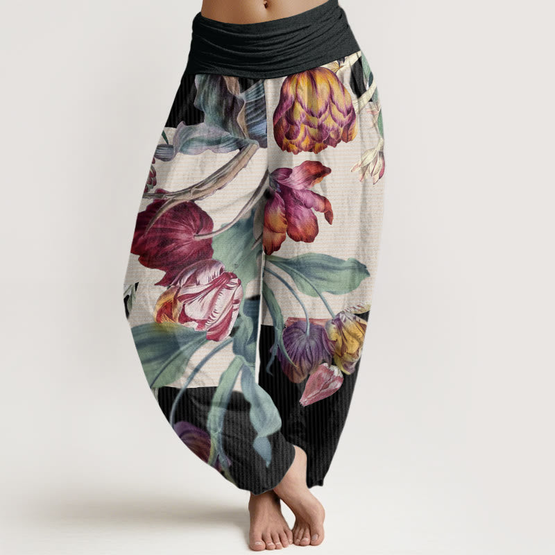 Buddha Stones Cotton Tulips Green Leaves Design Women's Elastic Waist Harem Pants - Black - US22，UK/AU26，EU54 (6XL) - image 0