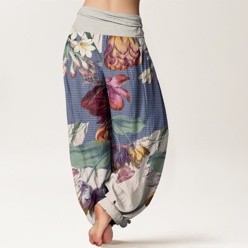 Buddha Stones Cotton Tulips Green Leaves Design Women's Elastic Waist Harem Pants - image 5