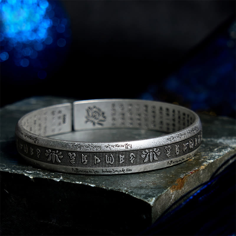 Buddha Stones Om Mani Padme Hum Heart Sutra Mantra Lotus Peace Meditation Cuff Bracelet Bangle - image 1