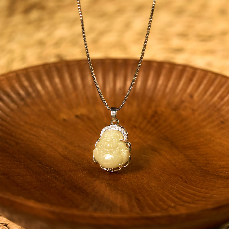 Buddha Stones Natural Hetian Jade Laughing Buddha Abundance Necklace Pendant - Hetian Jade(Prosperity♥Abundance) - image 0