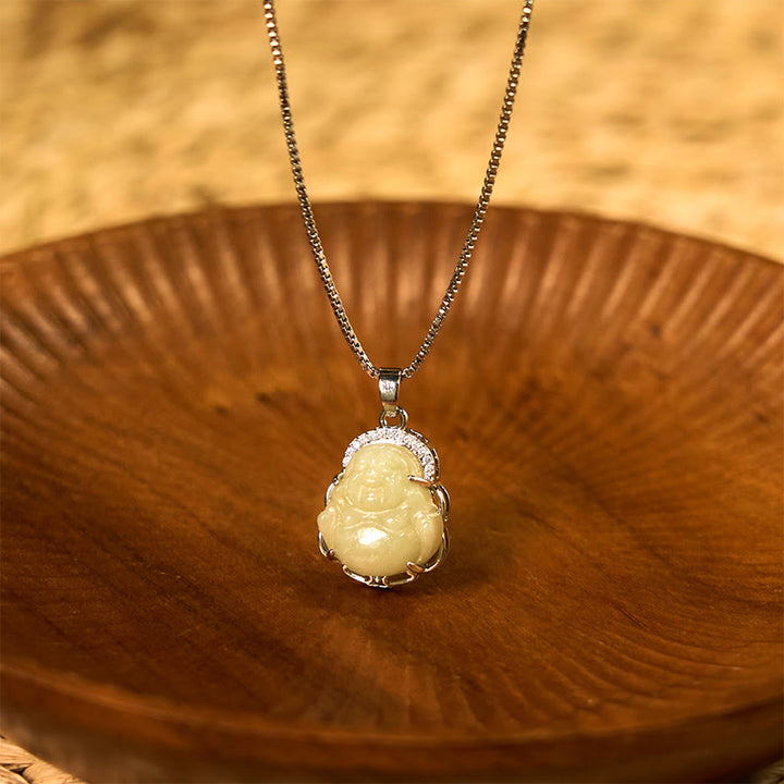 Buddha Stones Natural Hetian Jade Laughing Buddha Abundance Necklace Pendant - Hetian Jade(Prosperity♥Abundance) - image 0