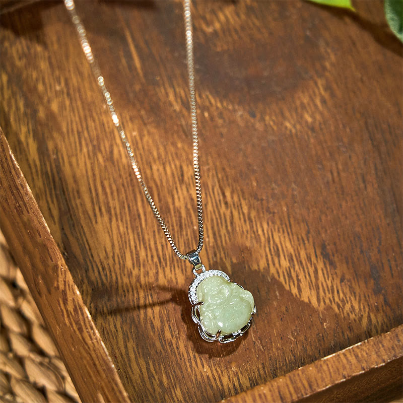 Buddha Stones Natural Hetian Jade Laughing Buddha Abundance Necklace Pendant - image 1
