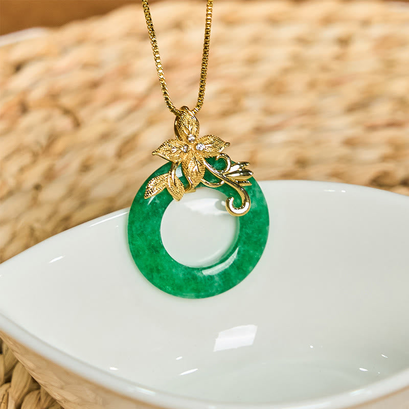 Buddha Stones Cyan Jade Peace Buckle Alloy Flower Healing Luck Necklace Pendant - image 1