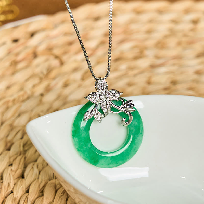 Buddha Stones Cyan Jade Peace Buckle Alloy Flower Healing Luck Necklace Pendant - image 12