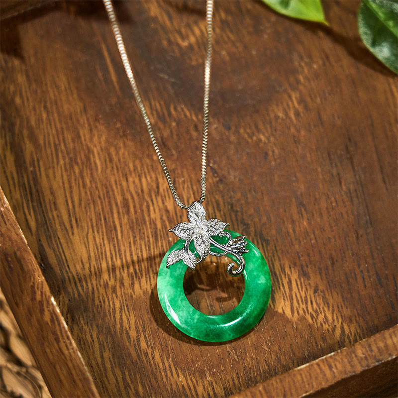 Buddha Stones Cyan Jade Peace Buckle Alloy Flower Healing Luck Necklace Pendant - image 13