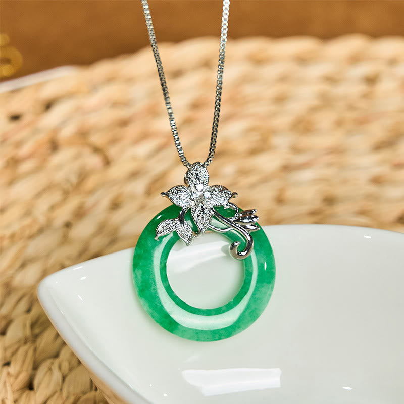 Buddha Stones Cyan Jade Peace Buckle Alloy Flower Healing Luck Necklace Pendant - Cyan Jade-Silver Flower - image 11