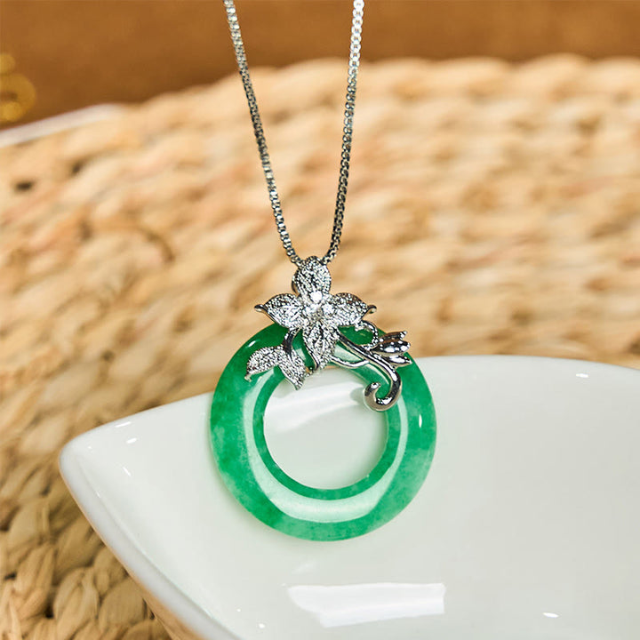 Buddha Stones Cyan Jade Peace Buckle Alloy Flower Healing Luck Necklace Pendant - Cyan Jade-Silver Flower - image 11