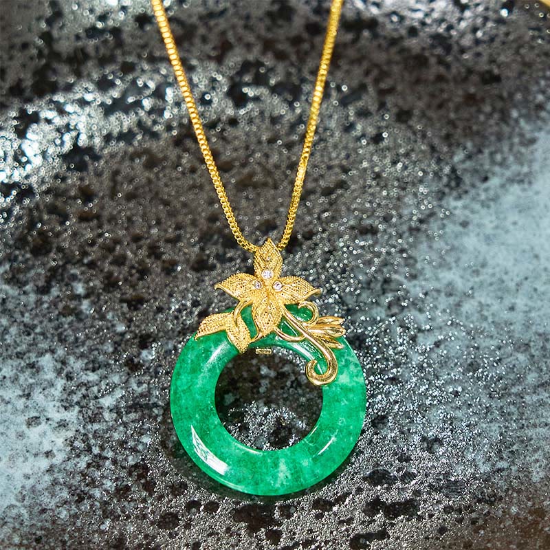 Buddha Stones Cyan Jade Peace Buckle Alloy Flower Healing Luck Necklace Pendant - image 7