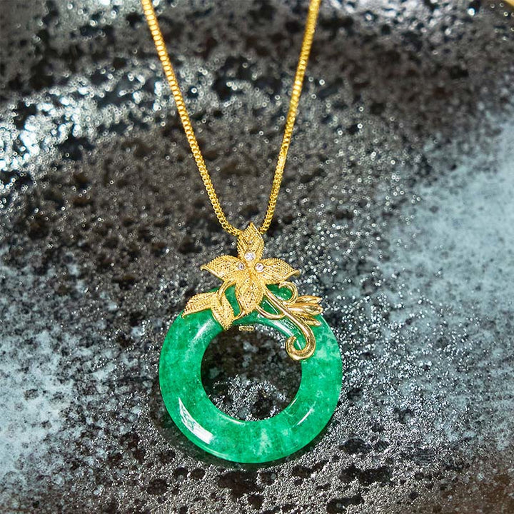 Buddha Stones Cyan Jade Peace Buckle Alloy Flower Healing Luck Necklace Pendant - image 7