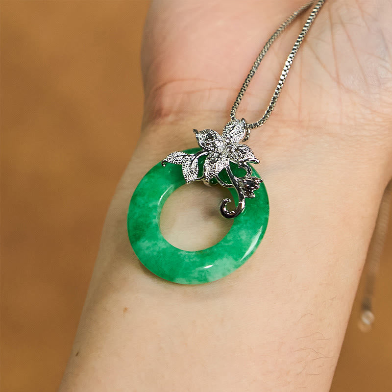 Buddha Stones Cyan Jade Peace Buckle Alloy Flower Healing Luck Necklace Pendant - image 16