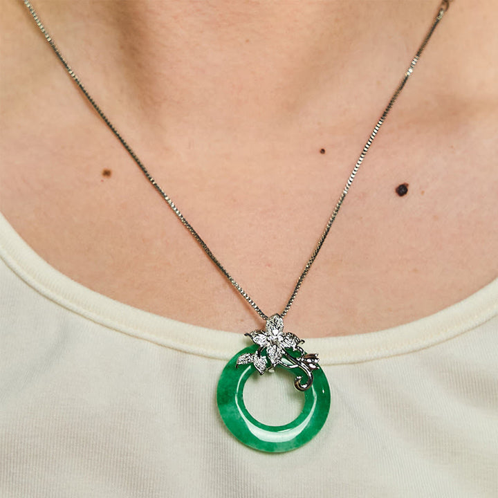 Buddha Stones Cyan Jade Peace Buckle Alloy Flower Healing Luck Necklace Pendant - image 18