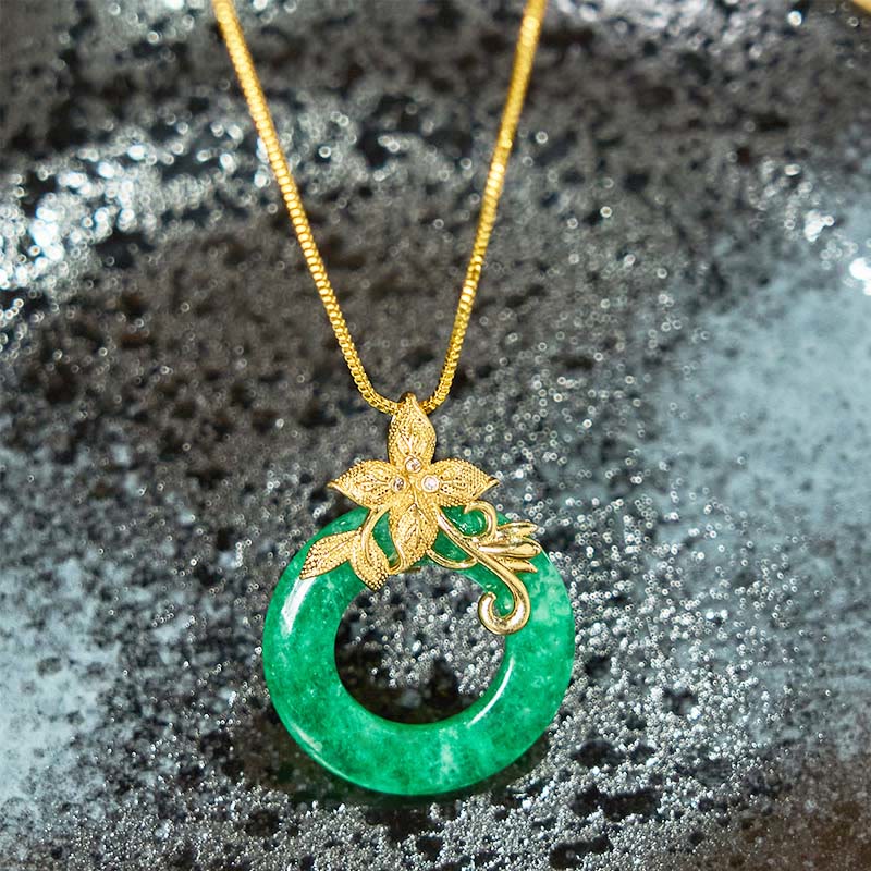 Buddha Stones Cyan Jade Peace Buckle Alloy Flower Healing Luck Necklace Pendant - image 6